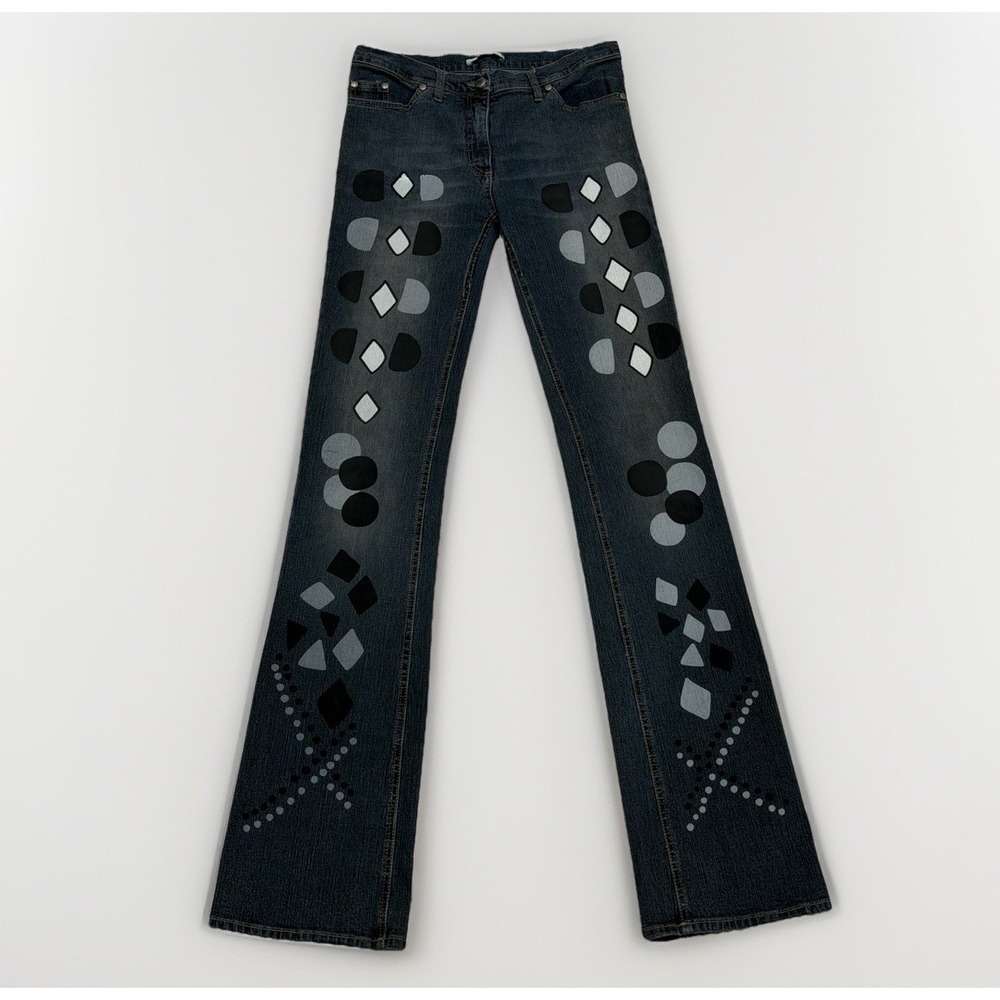 RARE Alexander McQueen Vintage Geometric Print Mini Flare Jeans Low‎ Rise Size 6